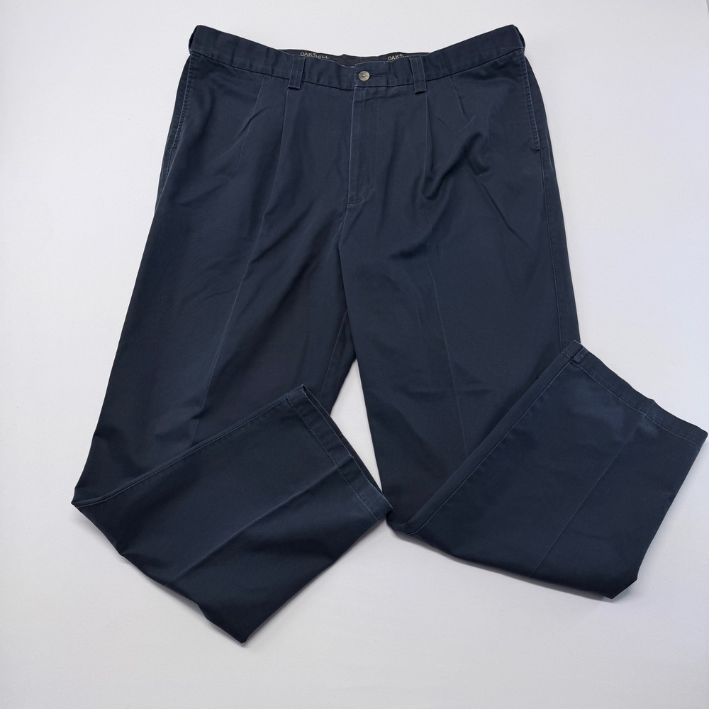 Oak Hill Mens Navy Blue Pleated Cotton Chino Trousers Pants 44x32